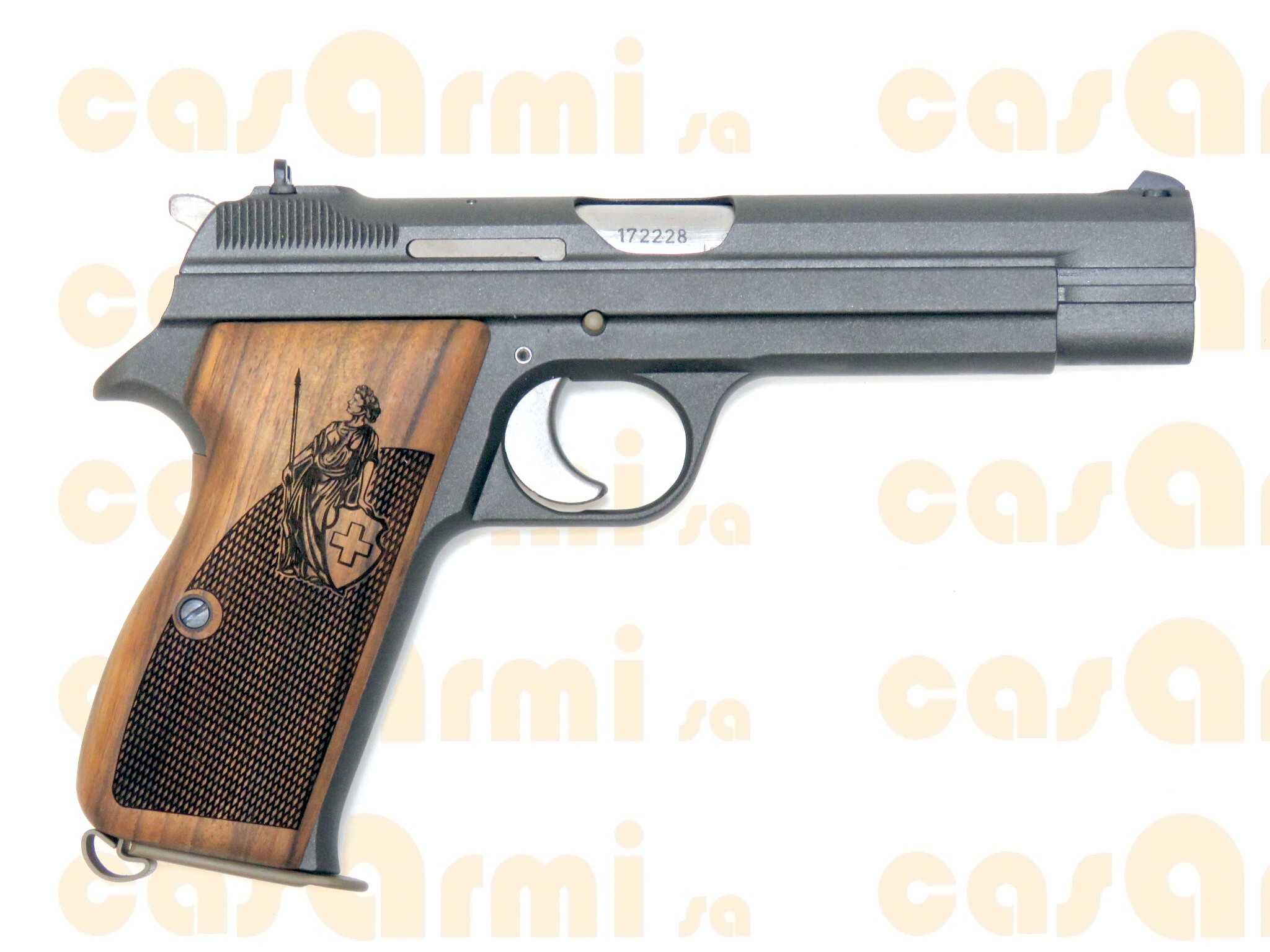 SIG mod. P210/2, completamente trattata Cerakote grigio scuro / Tan, guancette in noce 'Helvetia', con valigetta in plastica 9 Para